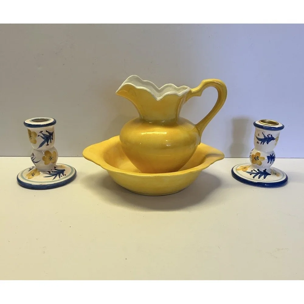 Vintage Pitcher Wash Basin Matching Bowl Set Yellow And Hand Panted Candlesticks